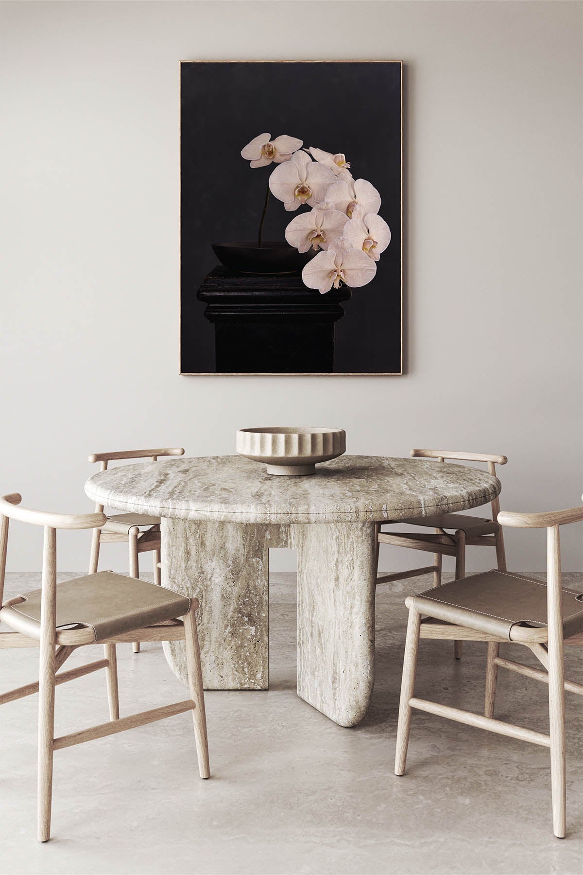 Fine Art Print Of A White Phaleanopsis Stem In A Black Bowl On A Black Mantle With A Black Rustic Background In A Dining Room With A Marble Table And Cream Modern Danish Chairs