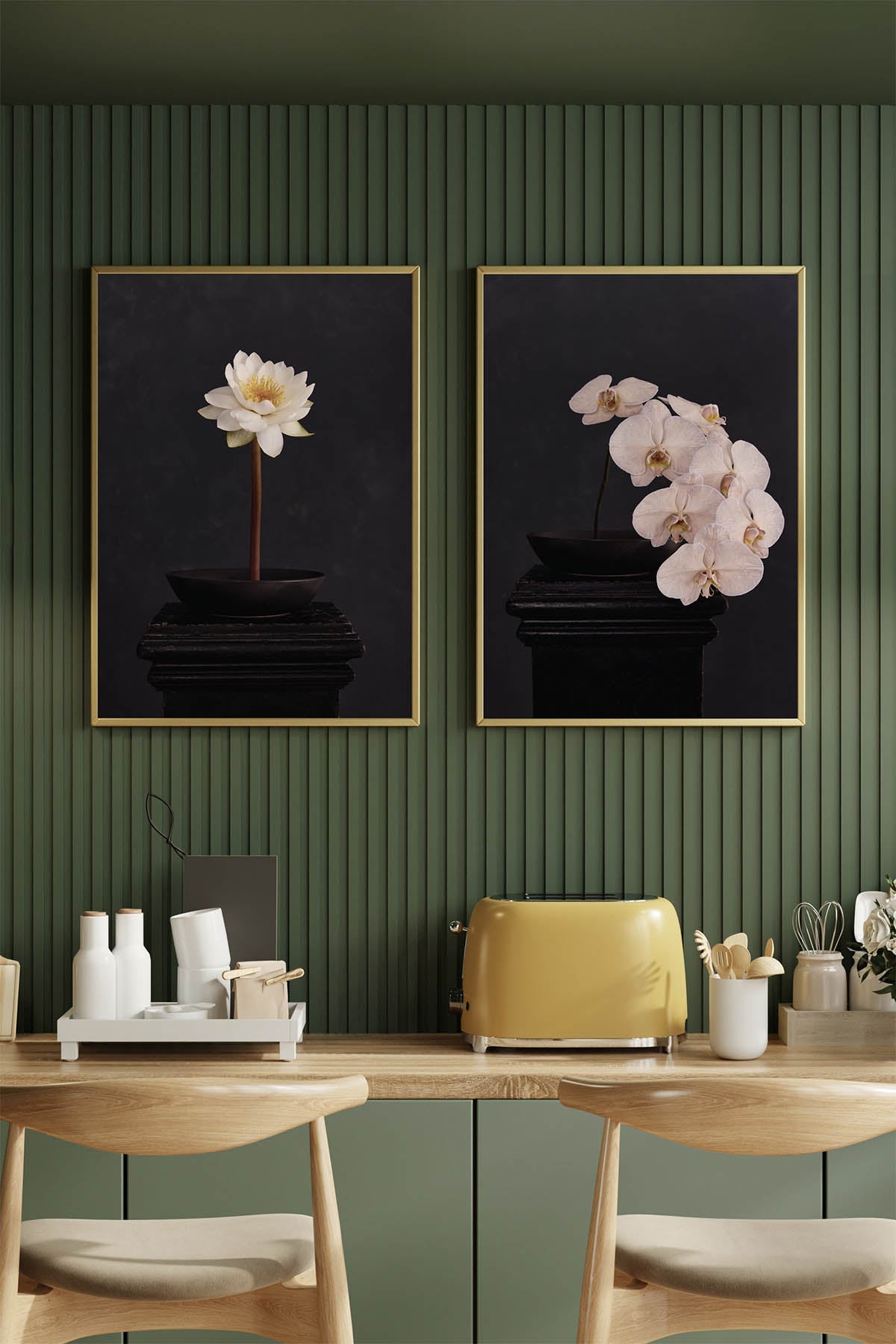 Fine Art Print Of A White Phaleanopsis Stem In A Black Bowl On A Black Mantle With A Black Rustic Background In A Olive Coloured Kitchen With Danish Sttools