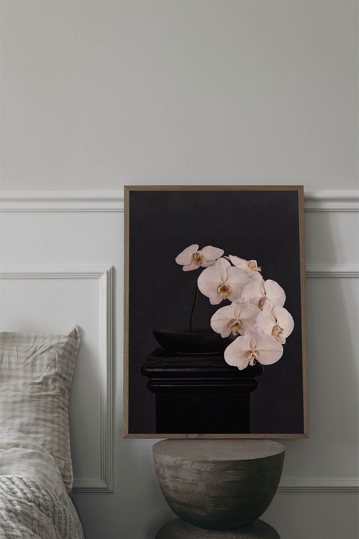 Fine Art Print Of A White Phaleanopsis Stem In A Black Bowl On A Black Mantle With A Black Rustic Background In A Bedroom Leaning Against A Wall With Details.