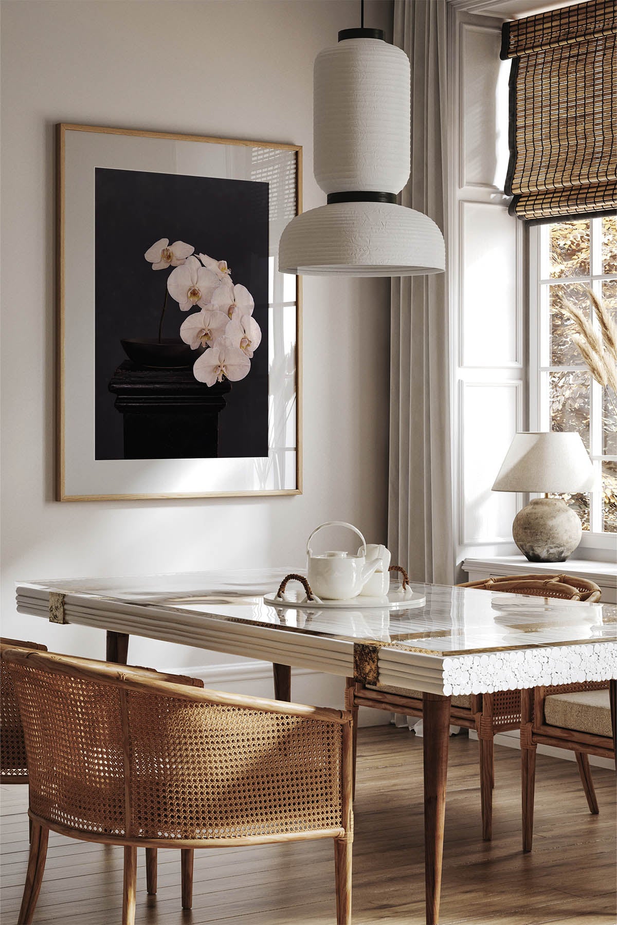 Fine Art Print Of A White Phaleanopsis Stem In A Black Bowl On A Black Mantle In A Classic Dining Room 