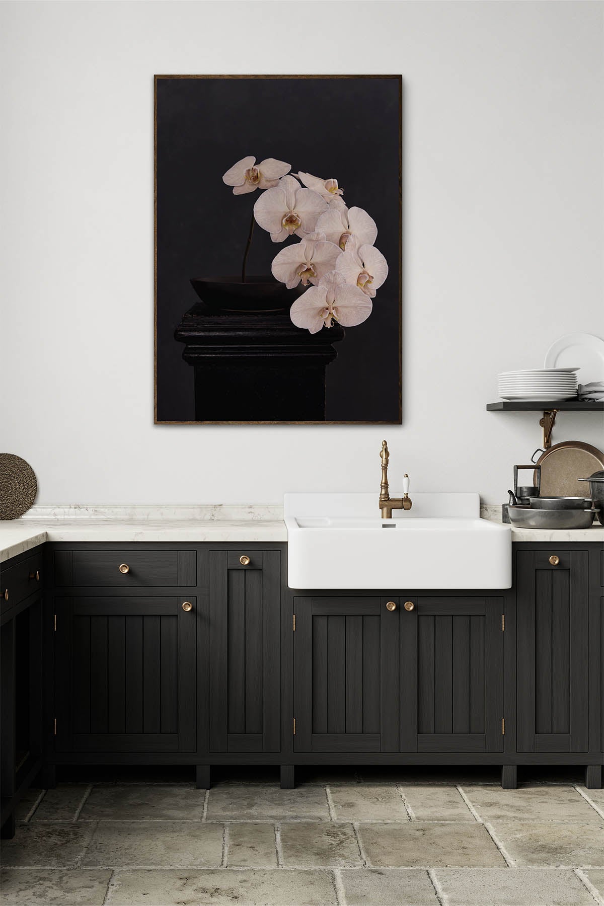 Fine Art Print Of A White Phaleanopsis Stem In A Black Bowl On A Black Mantle In A Rustic Kitchen