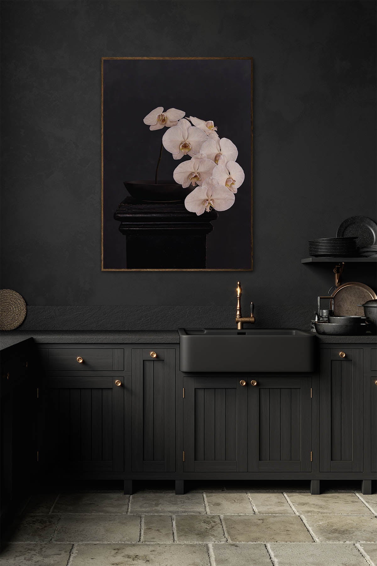 Fine Art Print Of A White Phaleanopsis Stem In A Black Bowl On A Black Mantle In A Black Rustic Kitchen