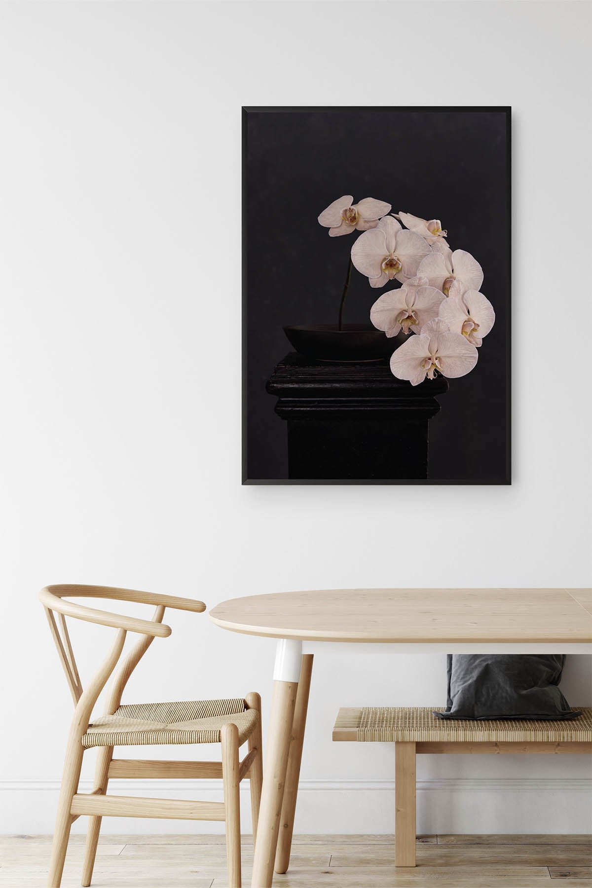 Fine Art Print Of A White Phaleanopsis Stem In A Black Bowl On A Black Mantle In  Modern Dining Room With An Ash Whisbone Chair. 