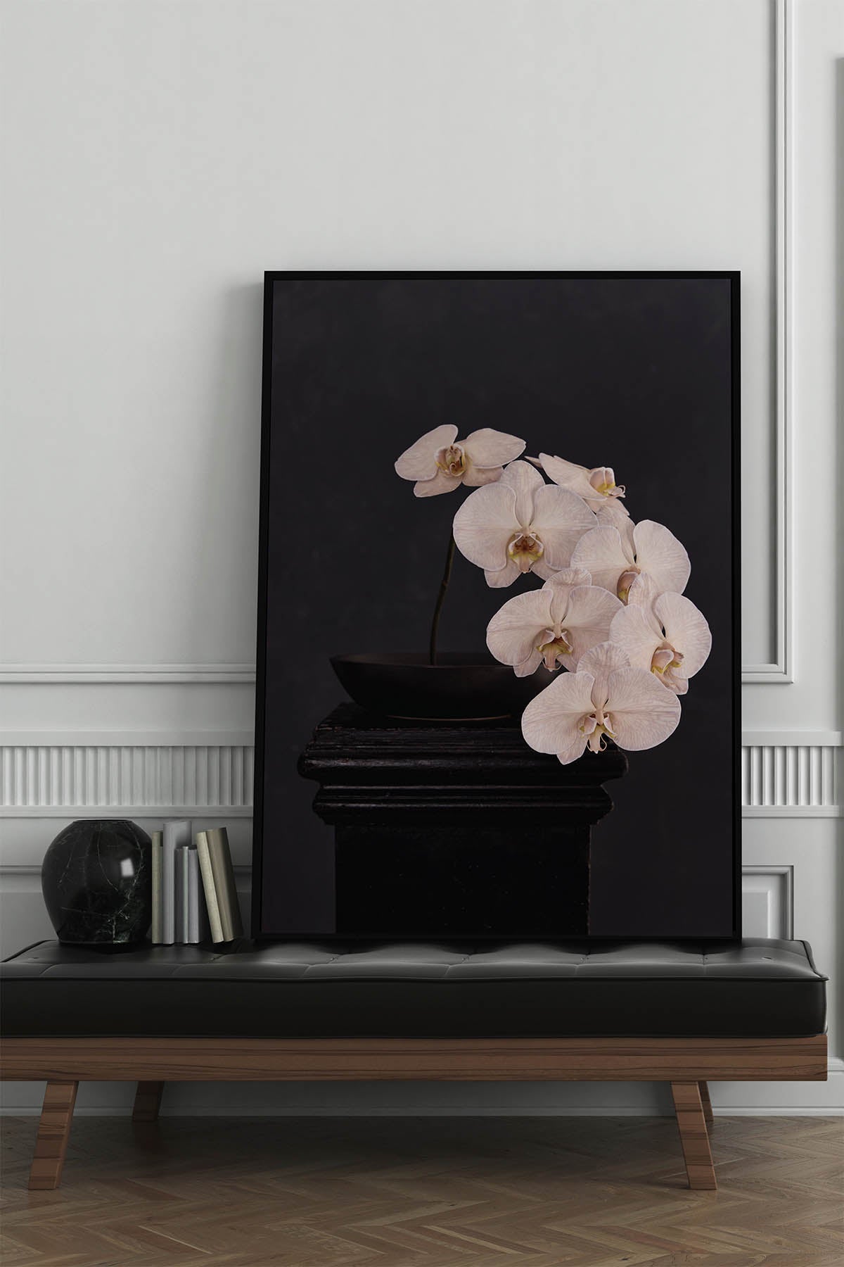 Fine Art Print Of A White Phaleanopsis Stem In A Black Bowl On A Black Mantle In An Entry Way With A Black Leather Bench.