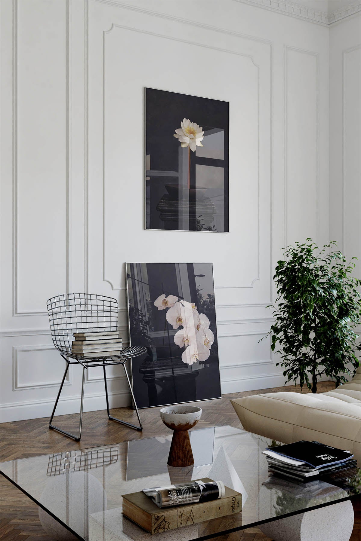 Fine Art Print Of A White Phaleanopsis Stem In A Black Bowl On A Black Mantle In A Living Room With A Bertoia Chair.