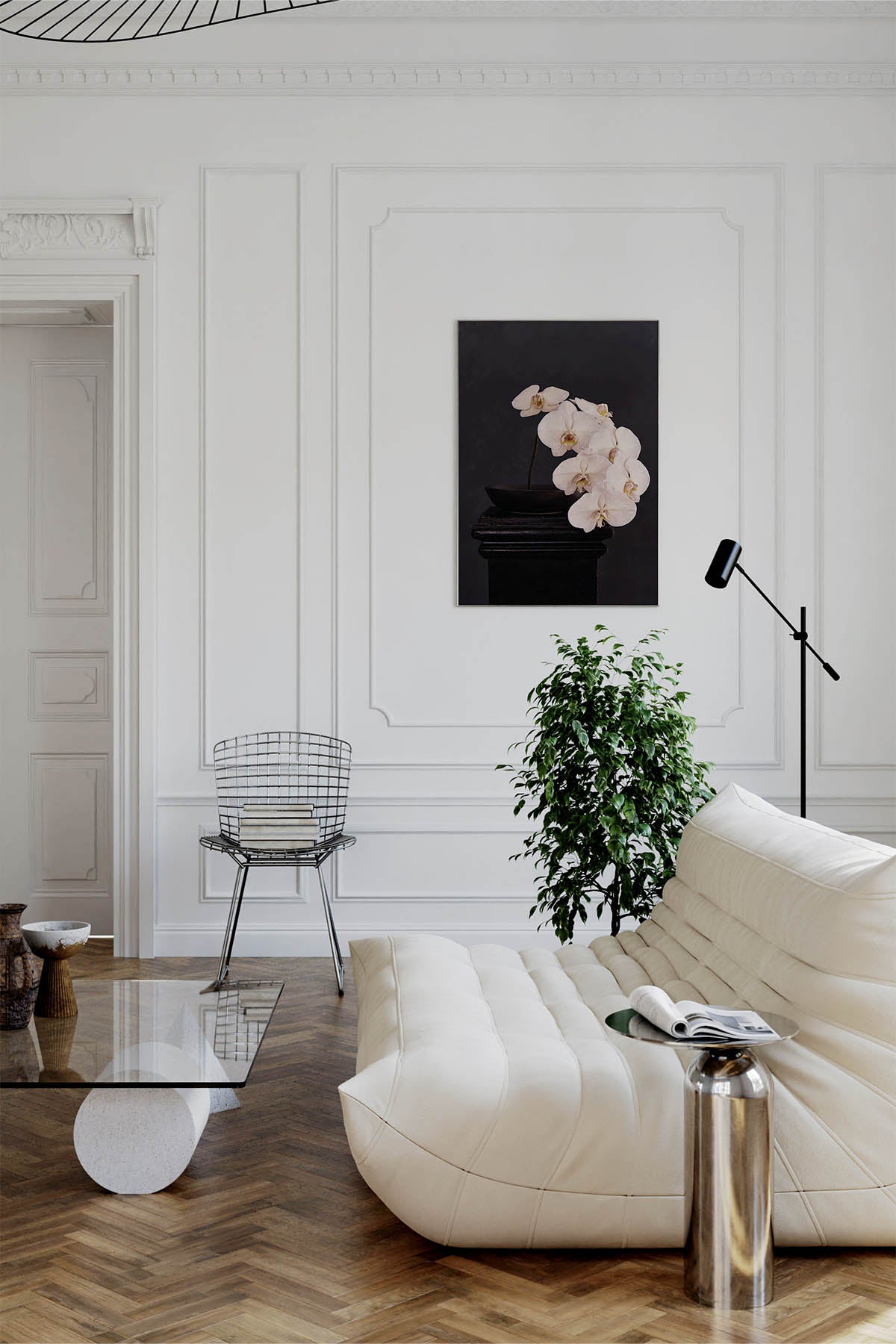 Fine Art Print Of A White Phaleanopsis Stem In A Black Bowl In  Modern European Living Room.