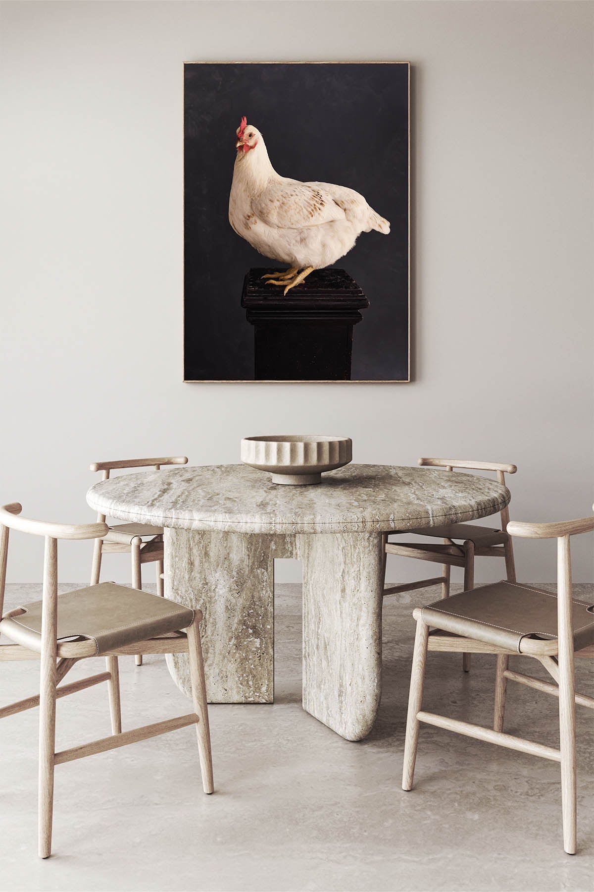 Fine Art Print Of A White Rose The Chicken Standing On A Black Plinth With A Black Background Framed On A Wall In An Modern Dutch Style Dining Room
