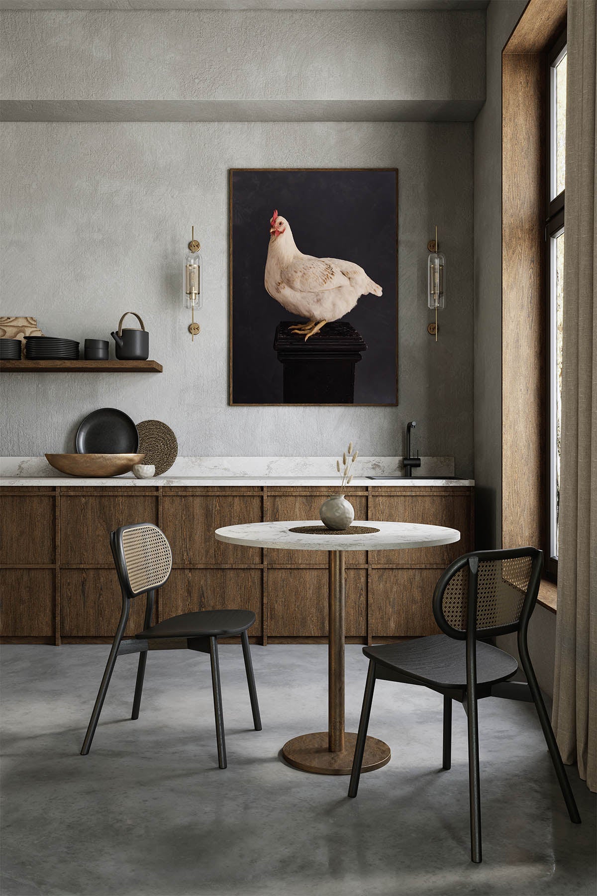 Fine Art Print Of A White Chicken Standing On A Black Plinth With A Black Background Framed On A Wall In An European Style Kitchen with Mid Century Modern Chairs and Concrete Floors.