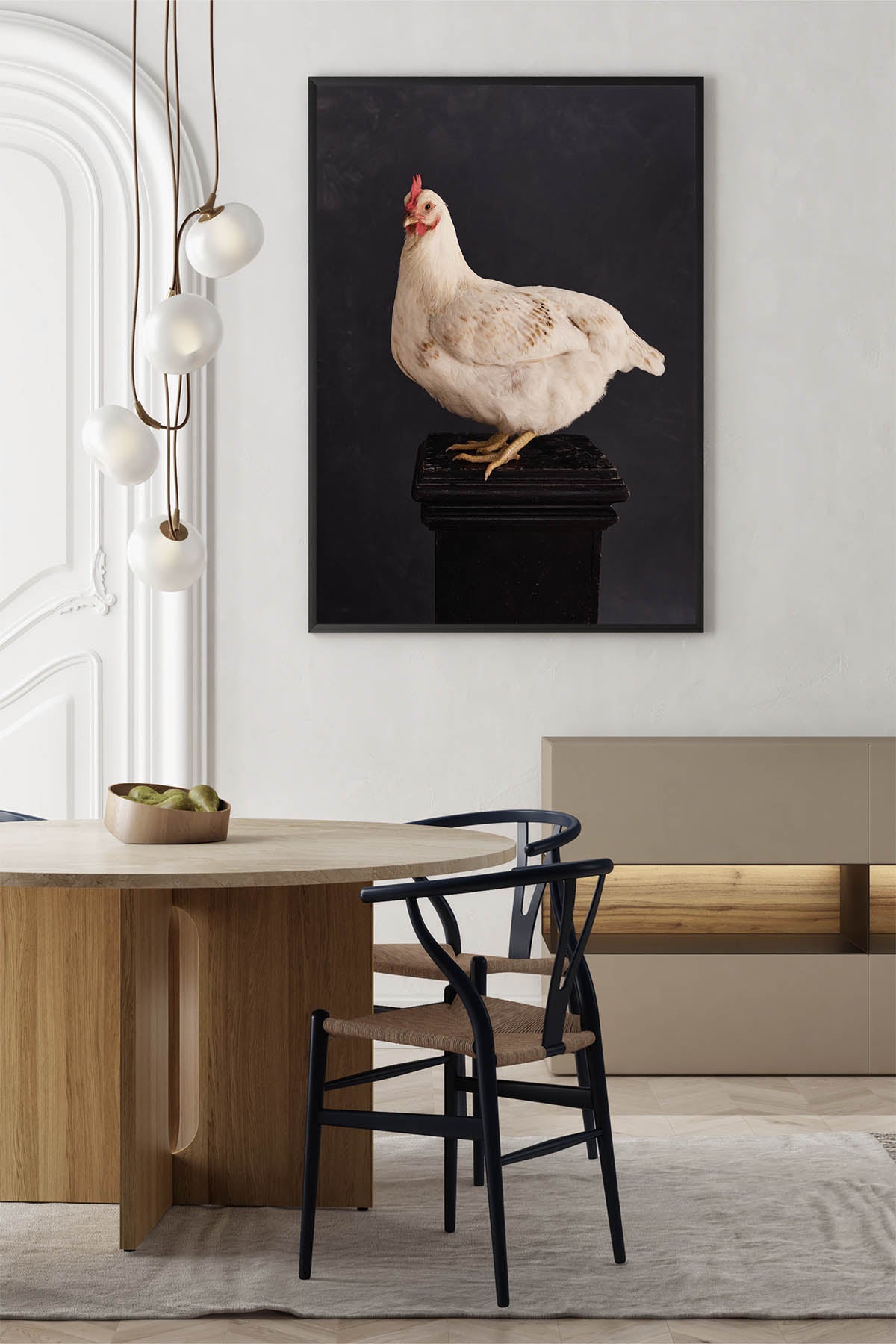 Fine Art Print Of A White Chicken Standing On A Black Plinth In A Danish Style Dining Room Near Black Wishbone Chairs.
