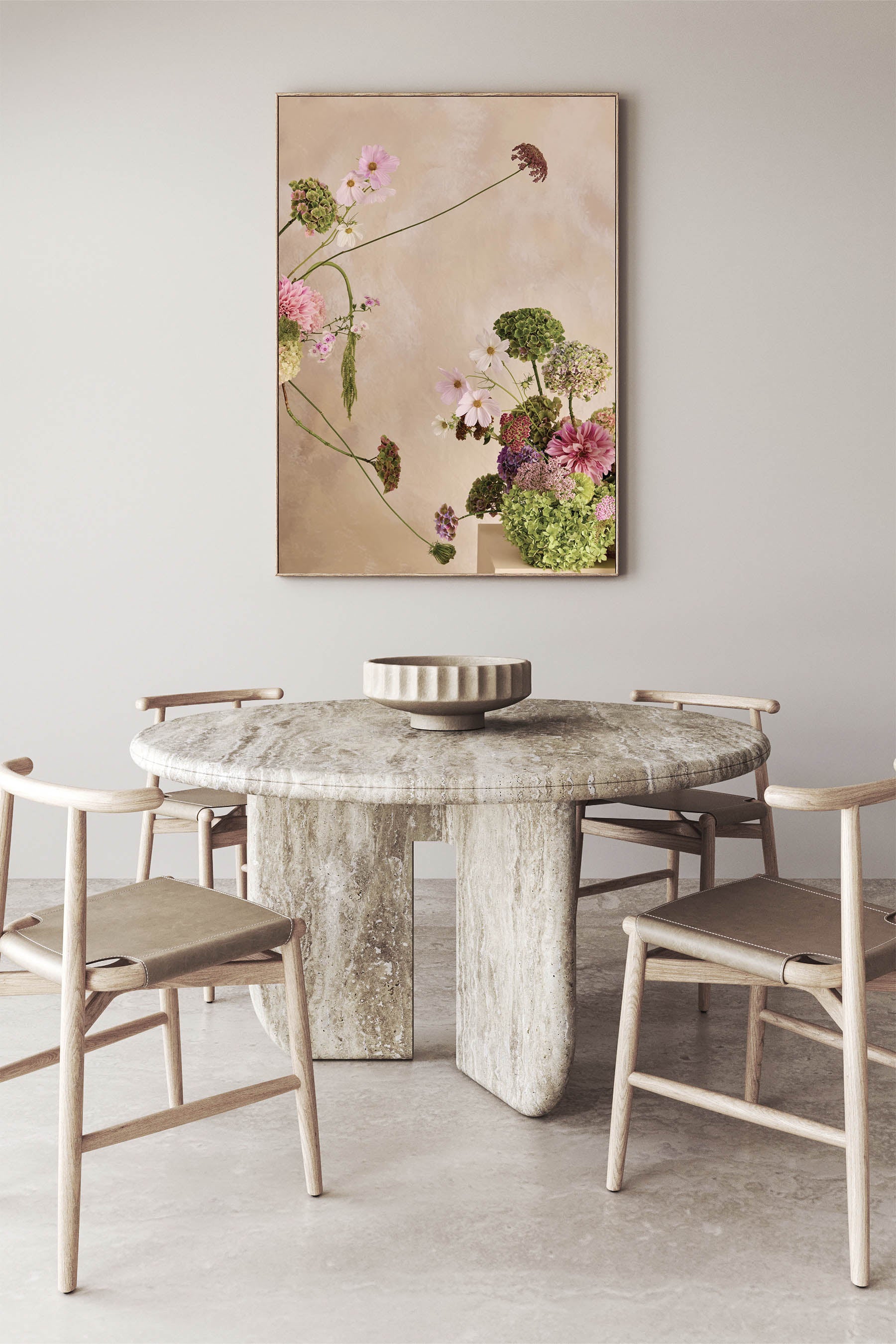 Whimsical Floral Abstract Arrangement against a Linen colour hand painted background Fine Art Print By Austin Bloom in a modern dutch style dining room.