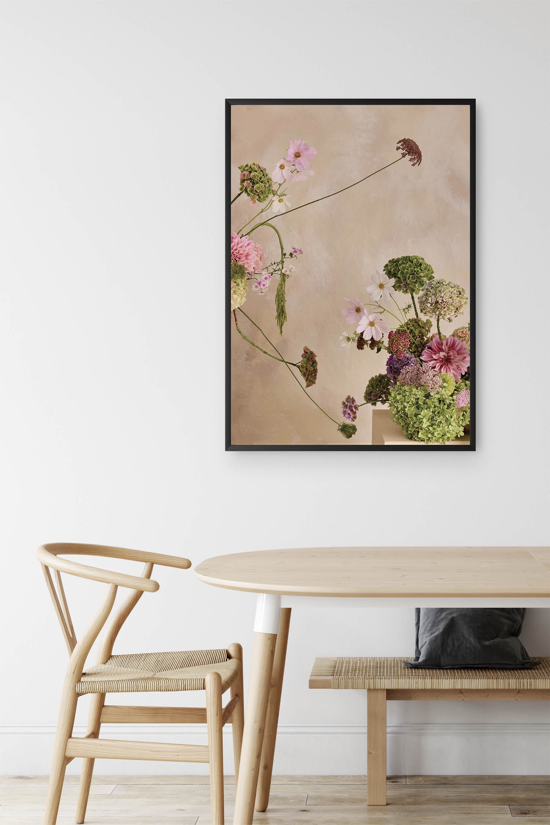 Whimsical Floral Abstract Arrangement against a Linen colour hand painted background Fine Art Print By Austin Bloom. 