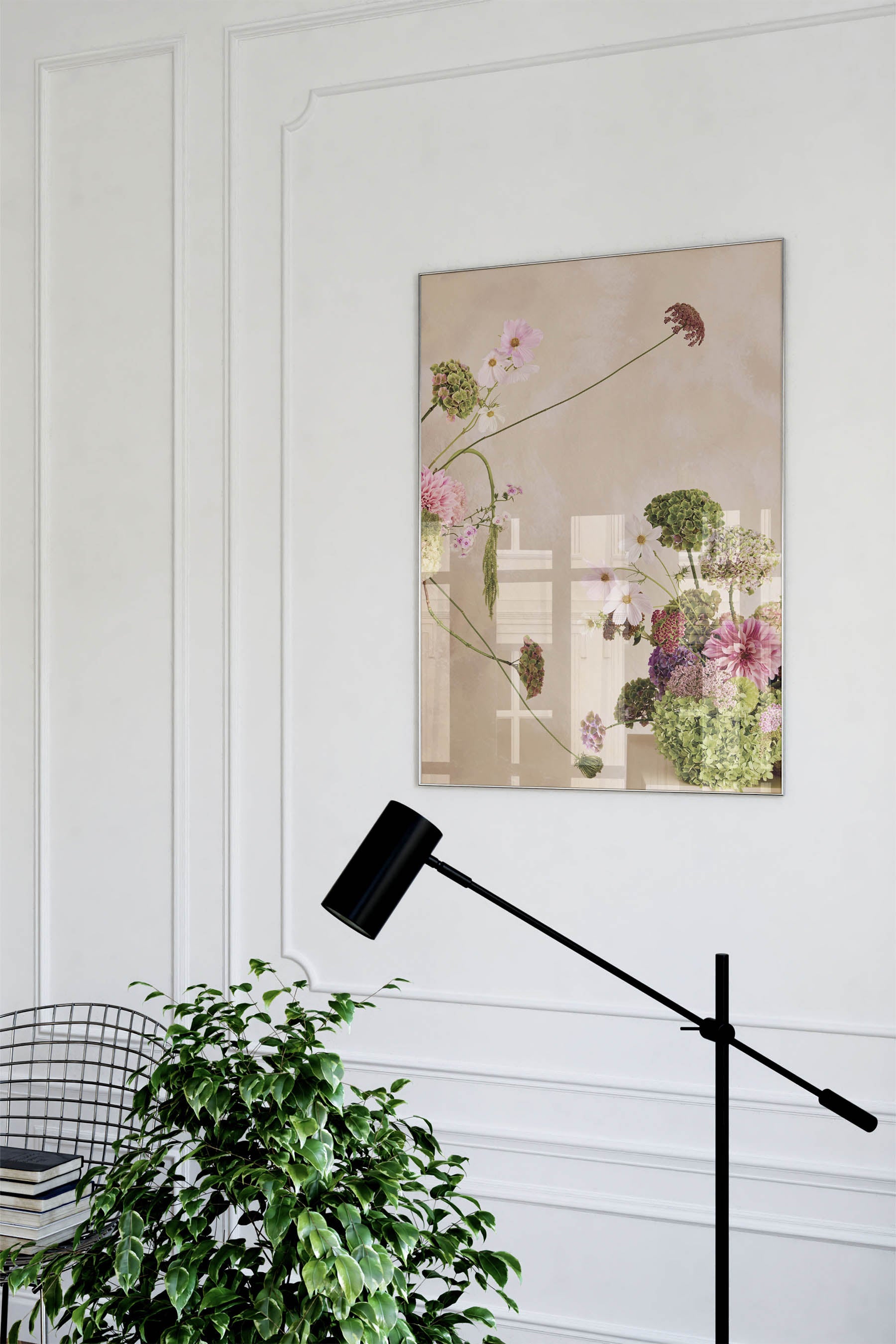 Whimsical Floral Abstract Arrangement against a Linen colour hand painted background Fine Art Print By Austin Bloom in a living room with a ficus tree.
