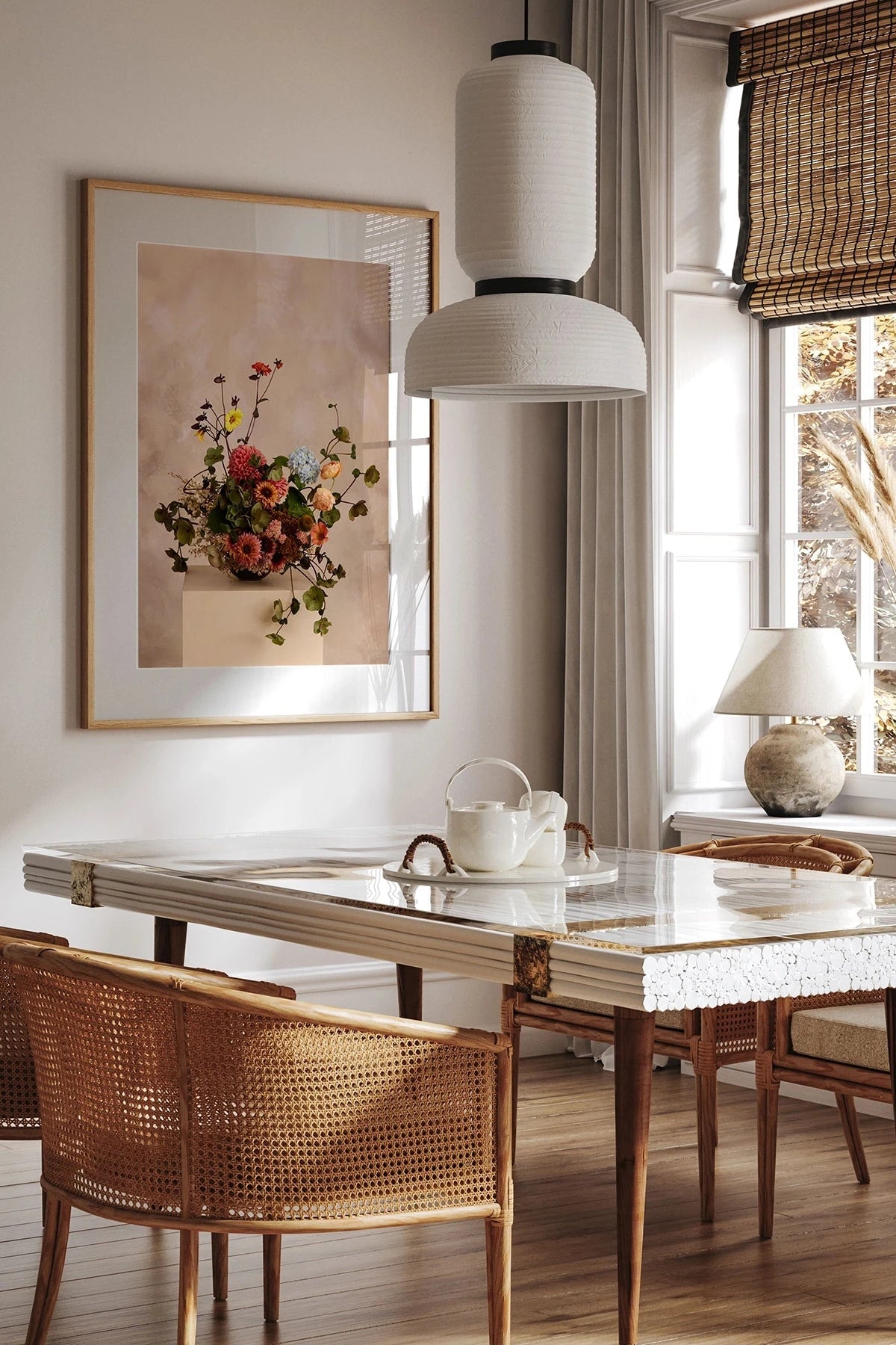 Austin Bloom Fine Art Print Dutch Masters 2 with white border and natural frame Dining room with a table, chairs, and decor elements.