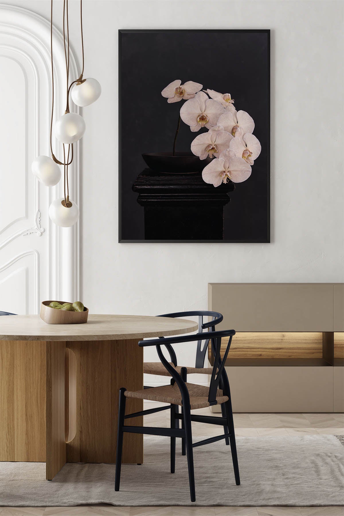 Fine Art Print Of A White Phaleanopsis Stem In A Black Bowl On A Black Mantle With A Black Rustic Background