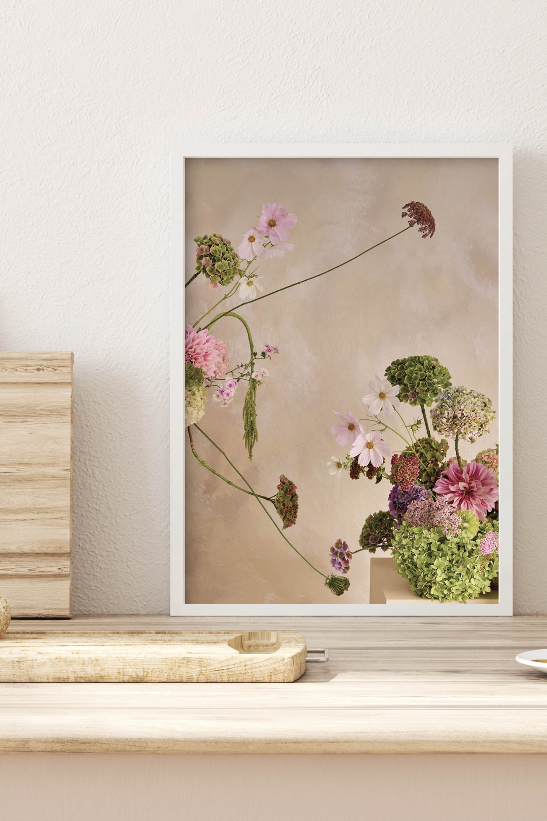 Whimsical Floral Abstract Arrangement against a Linen colour hand painted background Fine Art Print By Austin Bloom A3 Size framed in White in a oak kitchen.