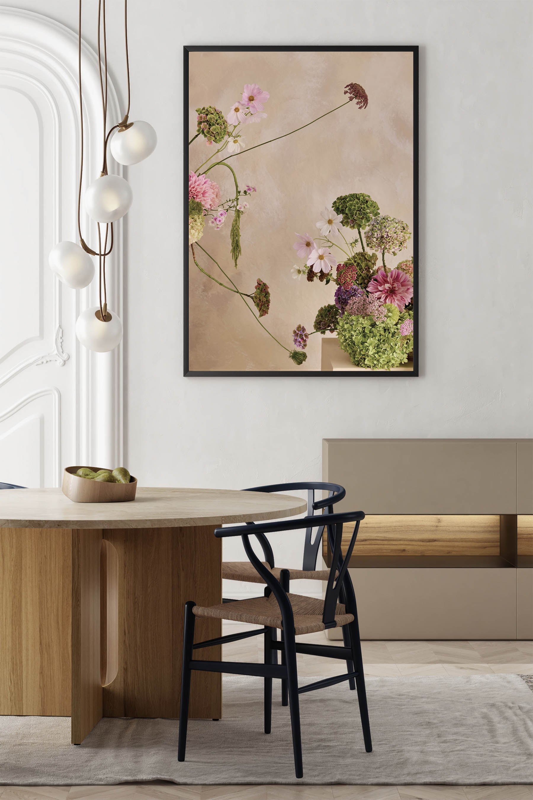 Whimsical Floral Abstract Arrangement against a Linen colour hand painted background Fine Art Print By Austin Bloom A1 size framed in Wenge in a dining room.