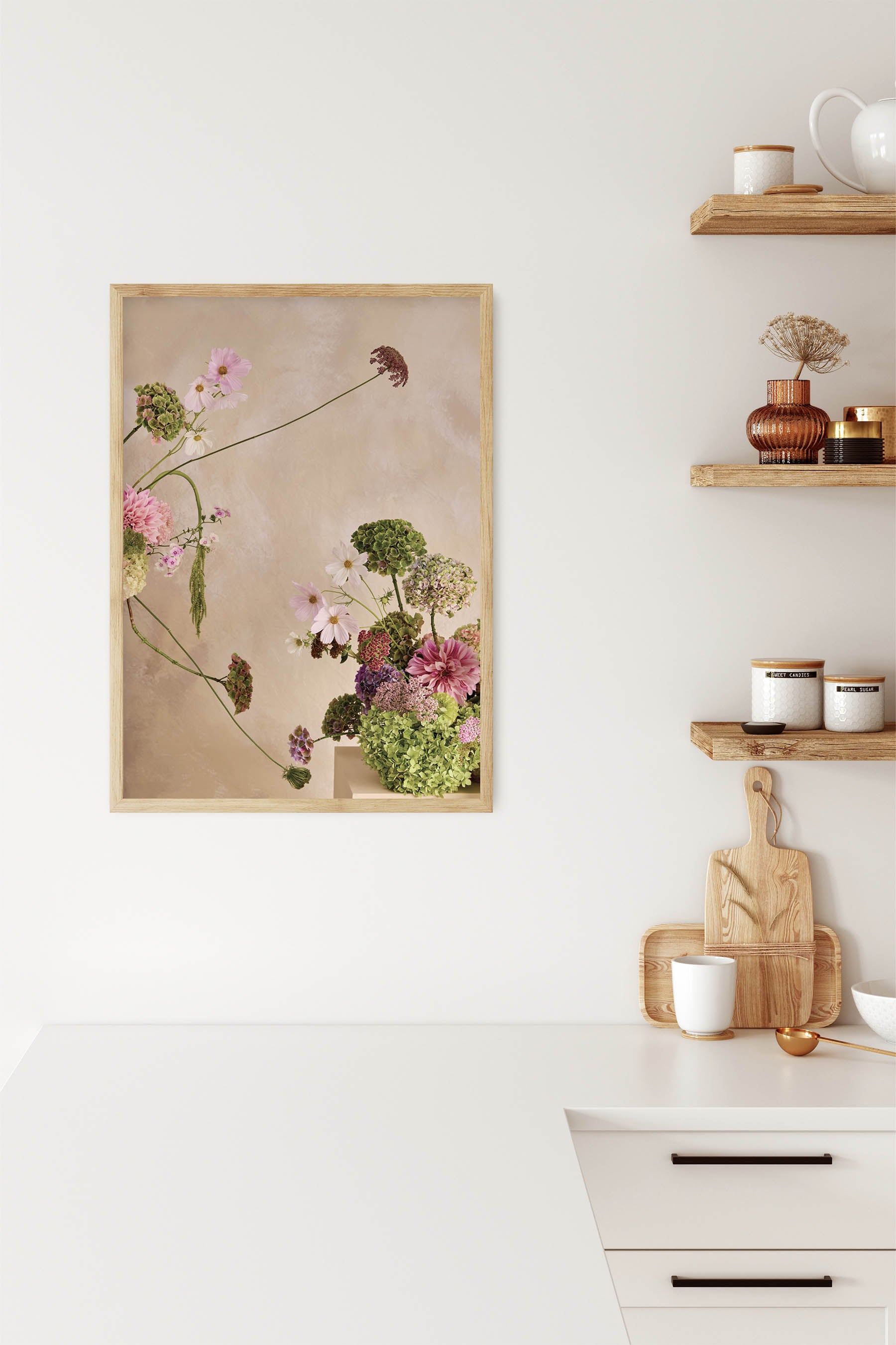 Whimsical Floral Abstract Arrangement against a Linen colour hand painted background Fine Art Print By Austin Bloom A1 size framed in oak no boarder in a  modern white kitchen.