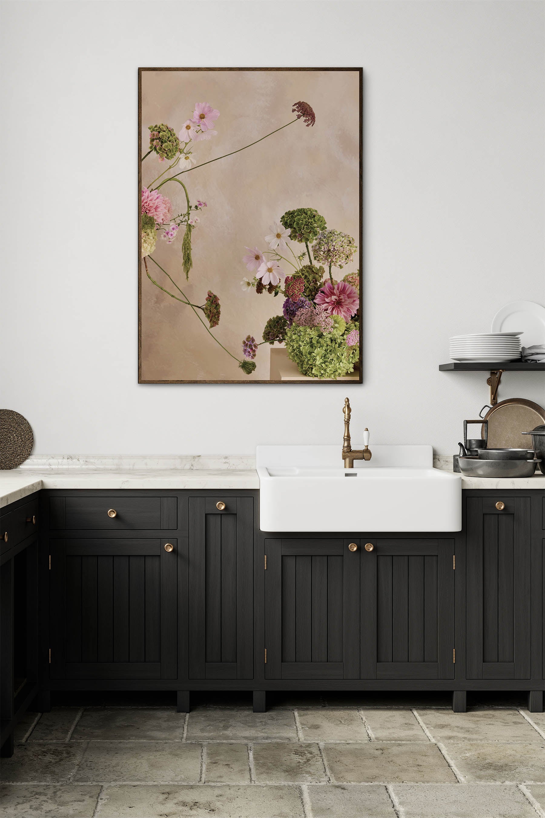 Whimsical Floral Abstract Arrangement against a Linen colour hand painted background Fine Art Print By Austin Bloom Styled in a kitchen with dark timber cabinetry and white marble counter top.