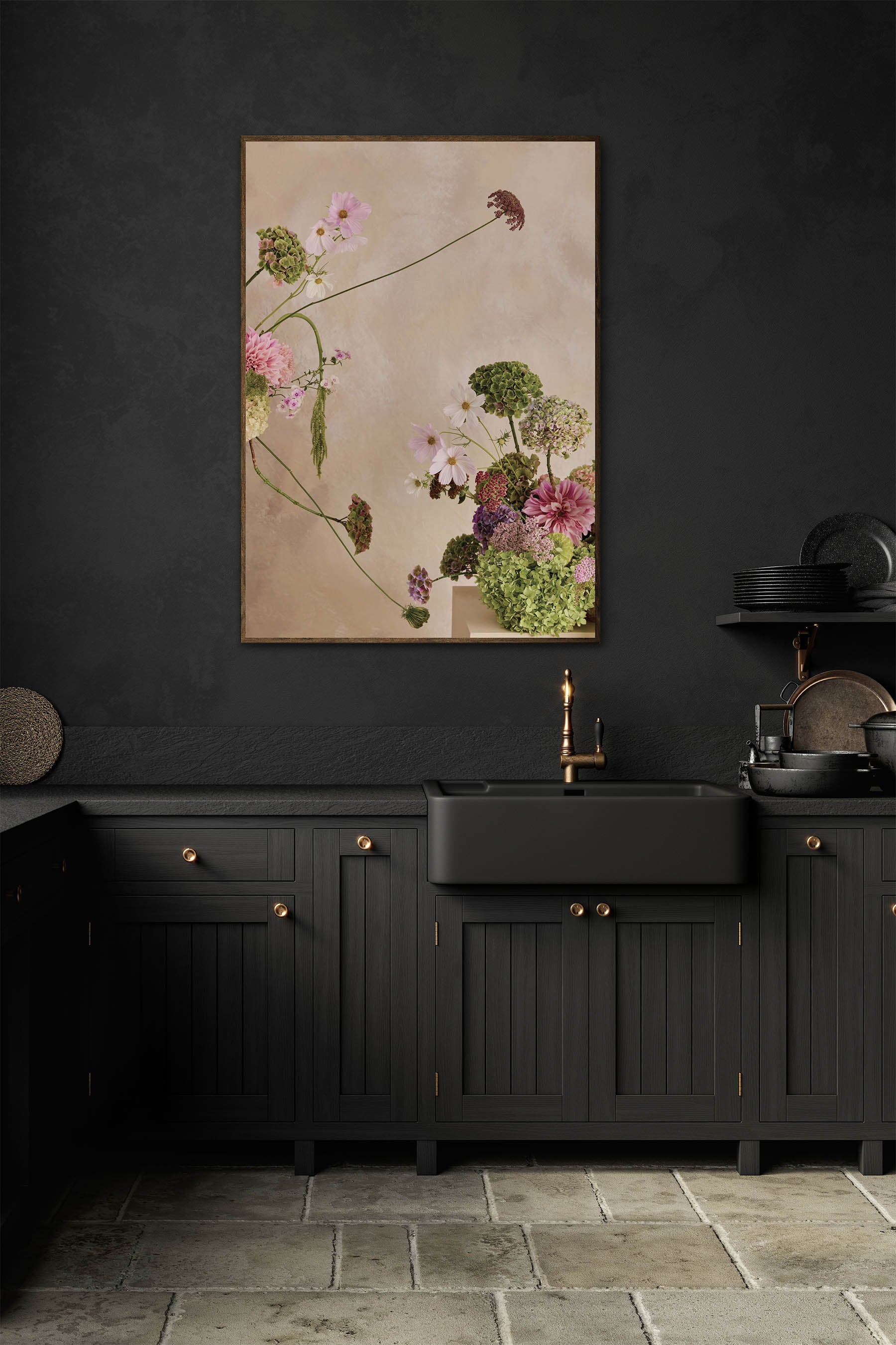 Whimsical Floral Abstract Arrangement against a Linen colour hand painted background Fine Art Print By Austin Bloom in a dark modern farmhouse kitchen.
