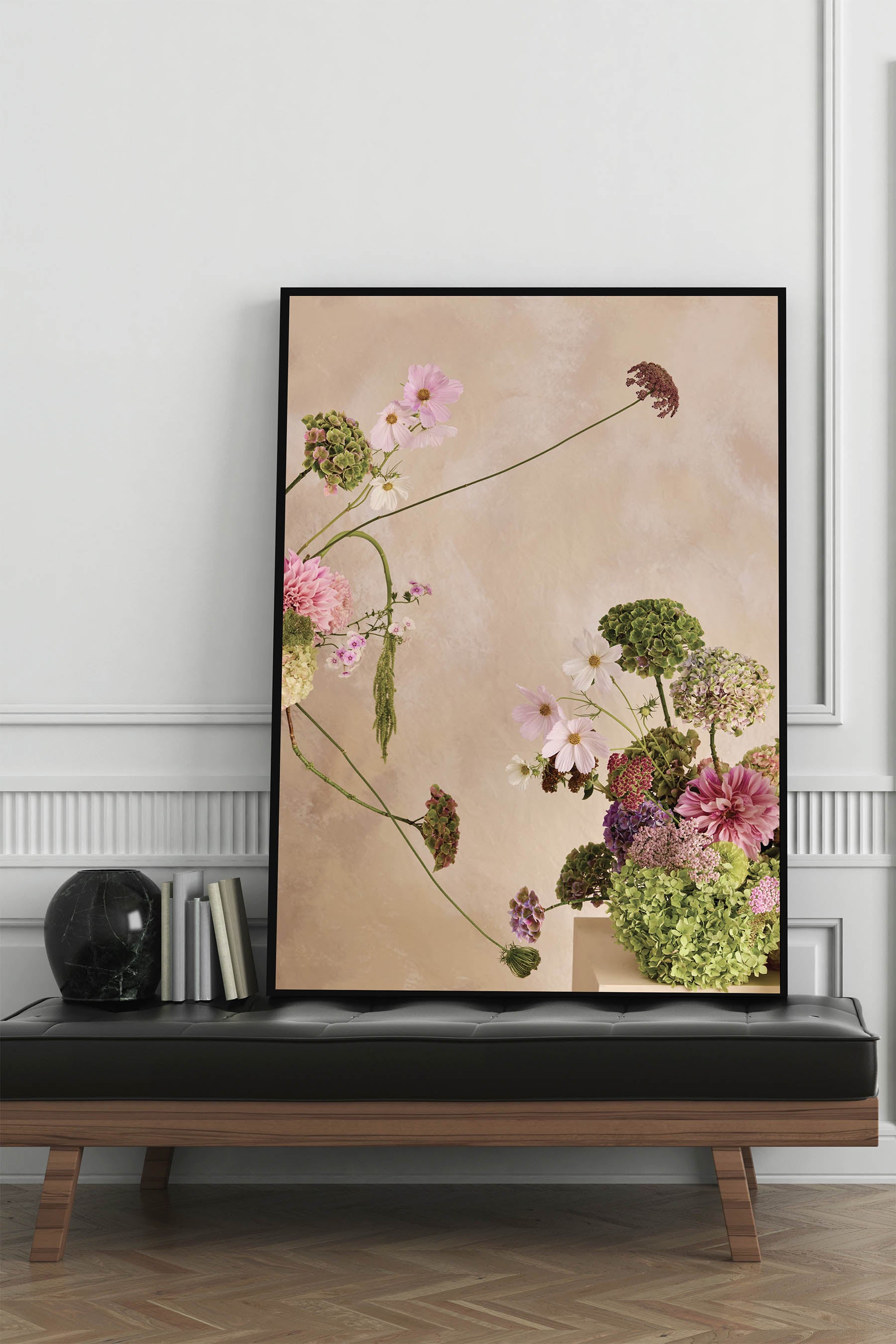 Whimsical Floral Abstract Arrangement against a Linen colour hand painted background Fine Art Print By Austin Bloom on a leather banquette in an entryway.