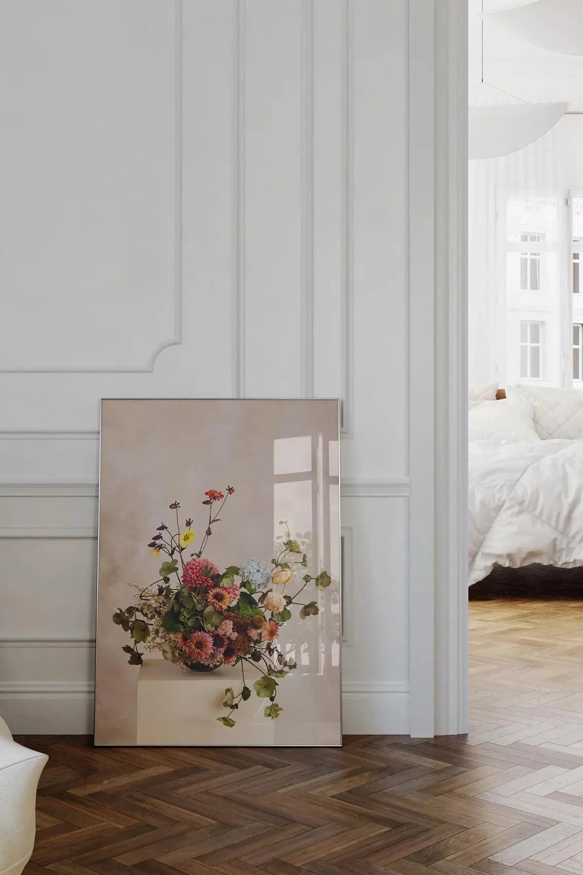Austin Bloom Fine Art Print Dutch Masters 2 leaning against a white wall in a room with wooden flooring.