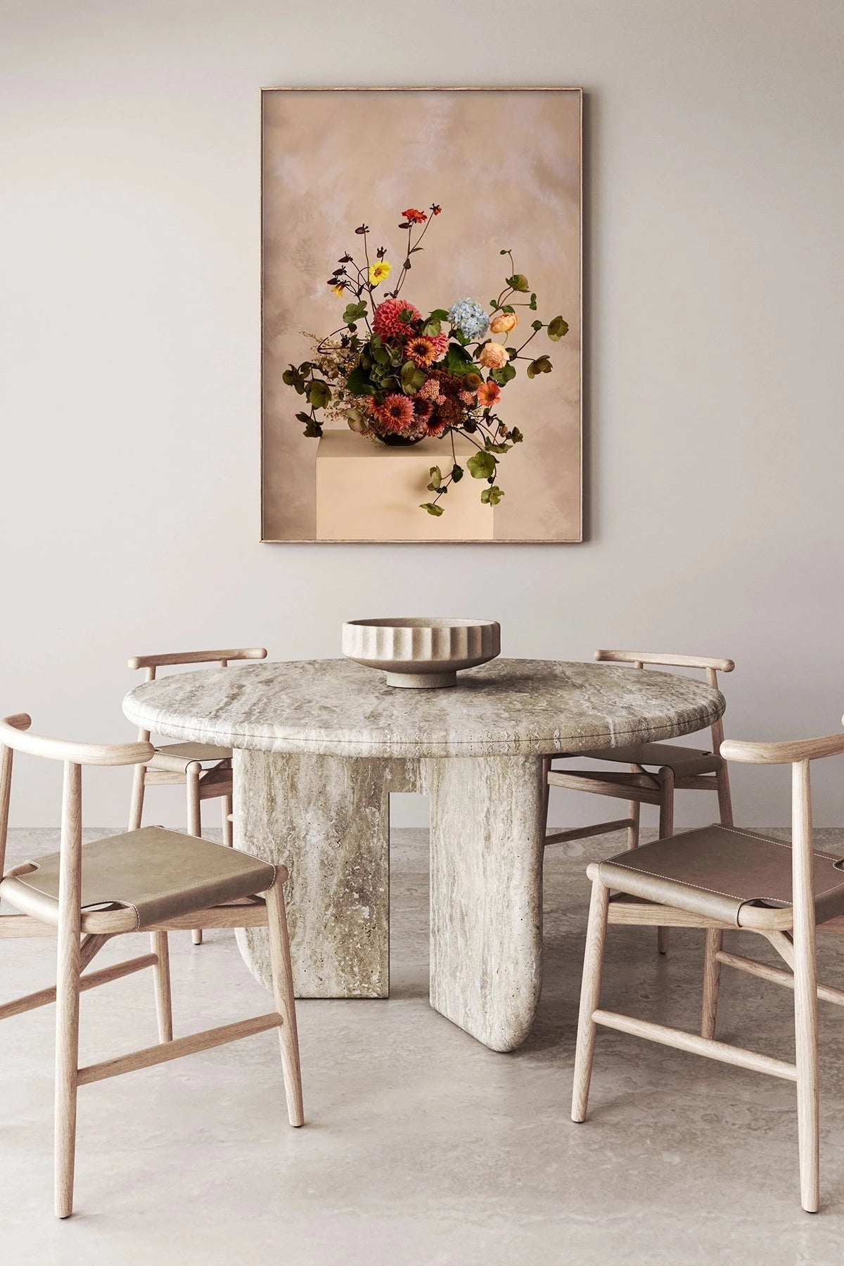 Austin Bloom Fine Art Print Dutch Masters 2 hung in Dining room with marble table and chairs, floral artwork on the wall.