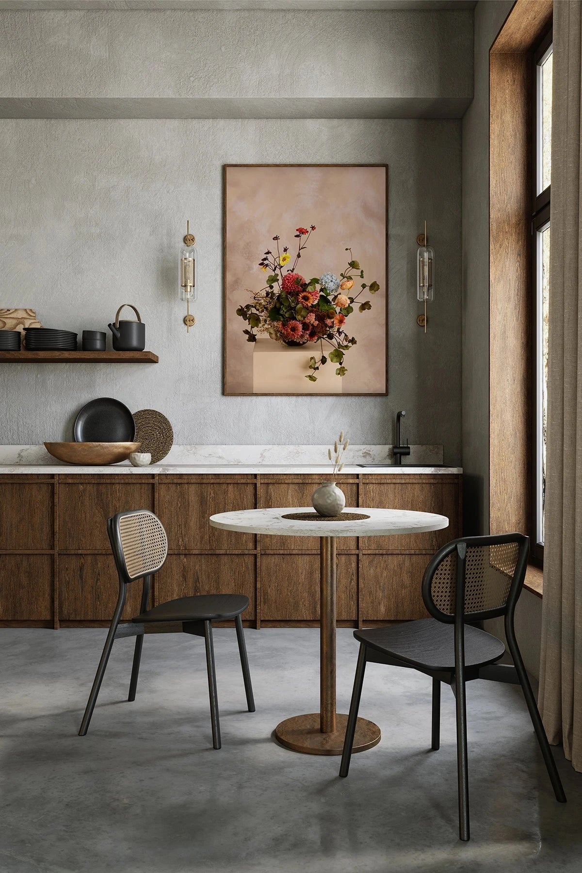 Austin Bloom Fine Art Print Dutch Masters 2 in Modern kitchen with wooden cabinets, round table, and black chairs.