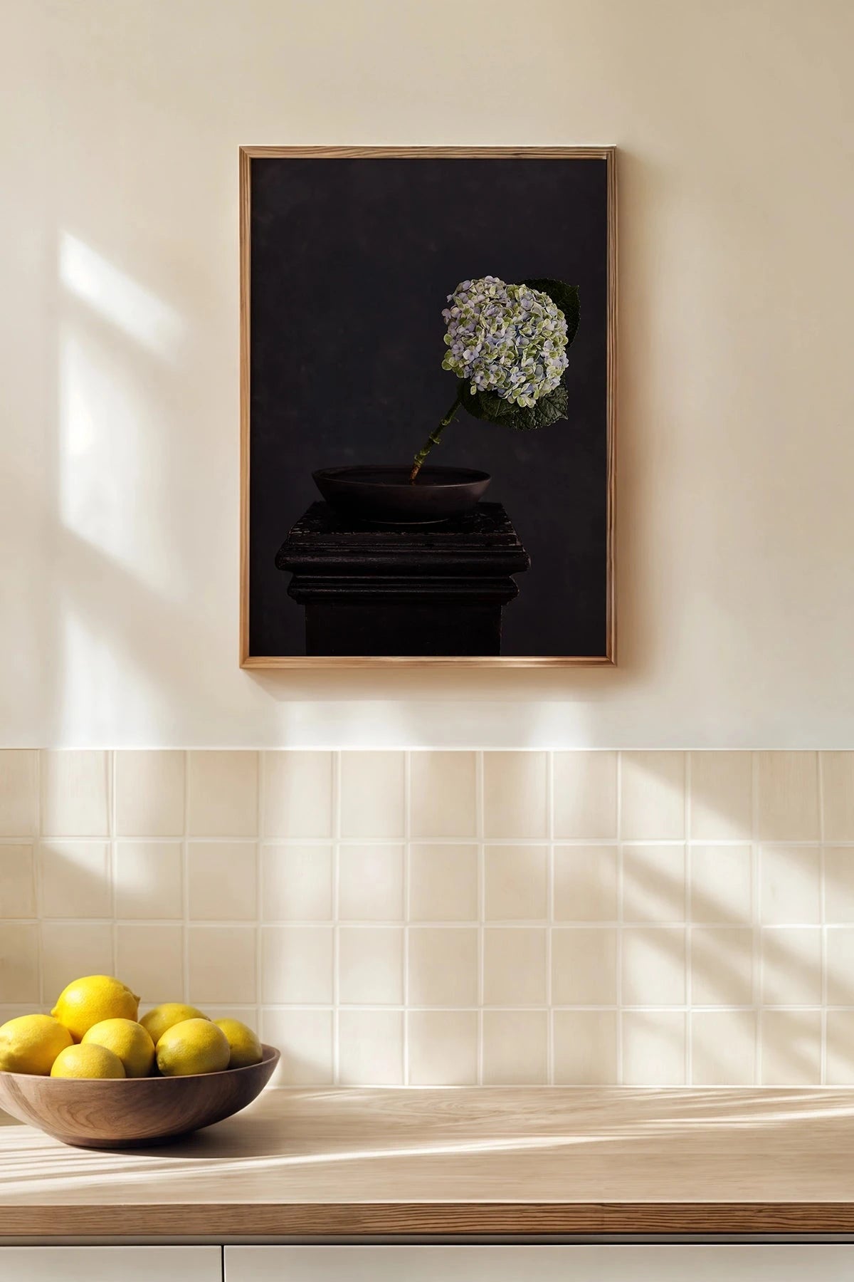 Austin Bloom Fine Art Print Exhale - Limited Edition hung above a kitchen counter with lemons.