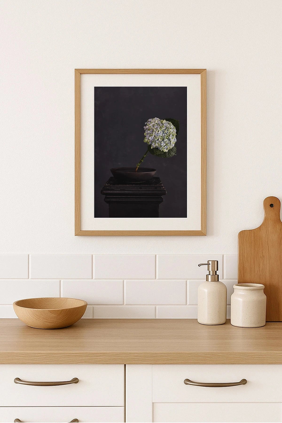 Austin Bloom Fine Art Print Exhale - Limited Edition hung above simple country kitchen counter with various items.